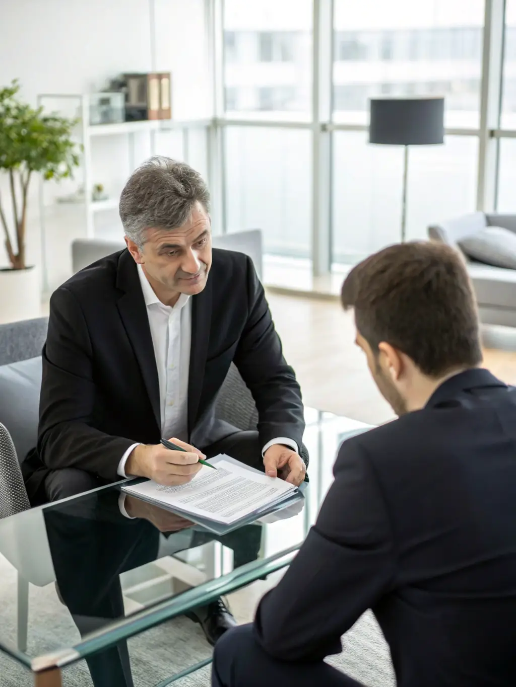 An image depicting a professional debt recovery agent discussing a case with a client in a modern office setting, emphasizing trust and efficiency.