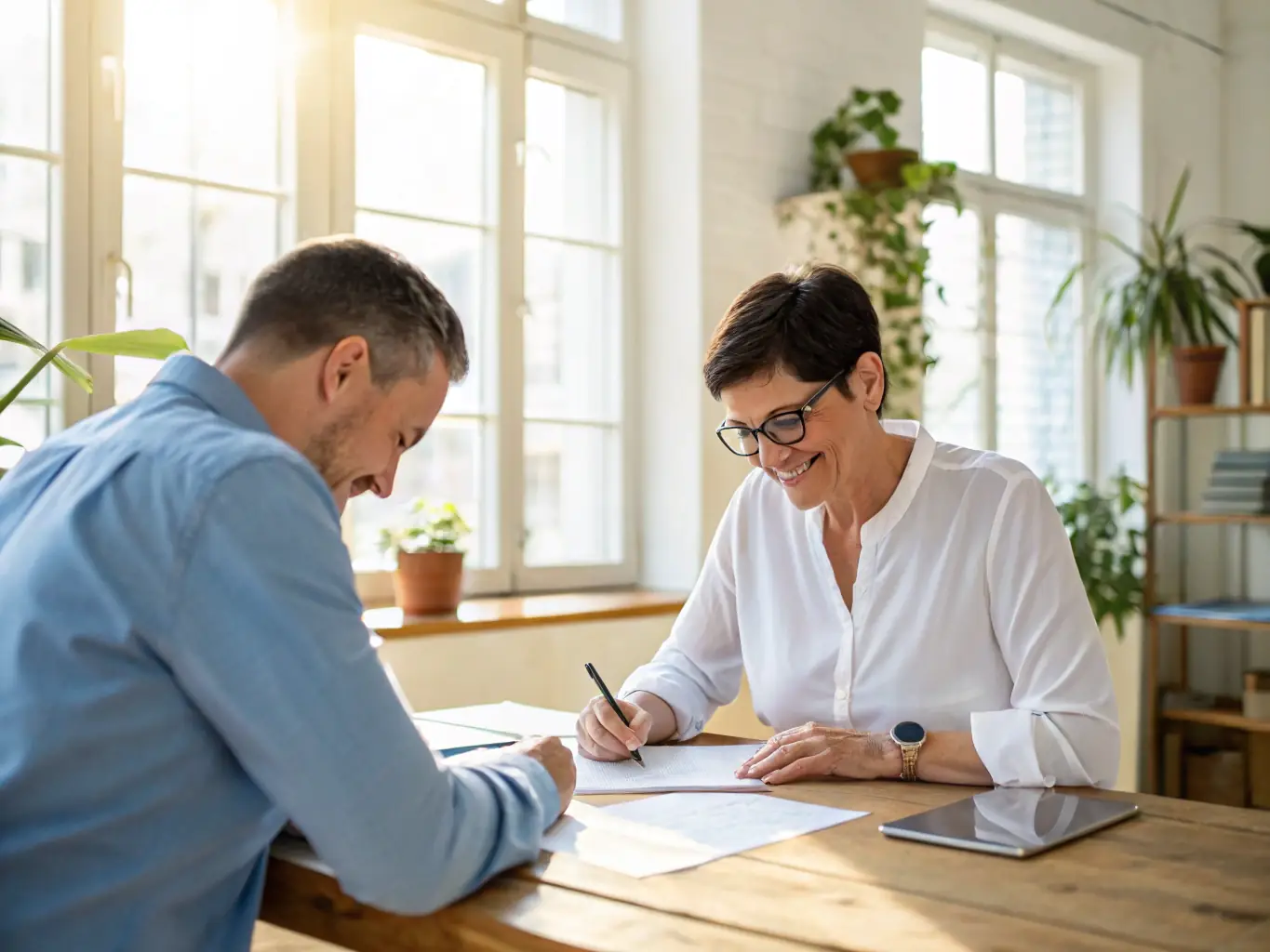 A consultant advising a business owner on debt recovery strategies, showcasing expertise and personalized solutions.