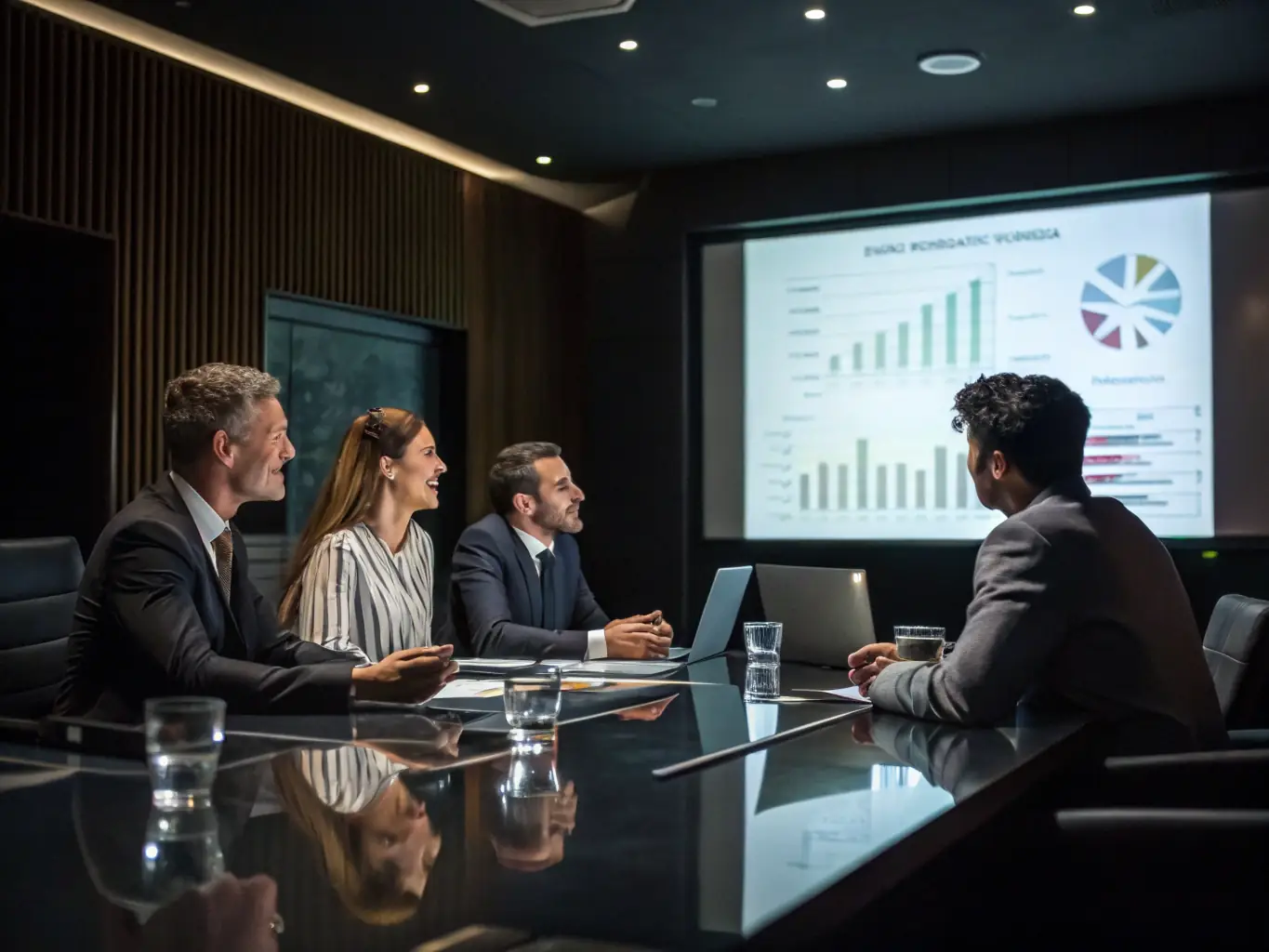 A professional setting with diverse business people in a meeting, discussing financial strategies and debt recovery solutions, emphasizing collaboration and expertise.
