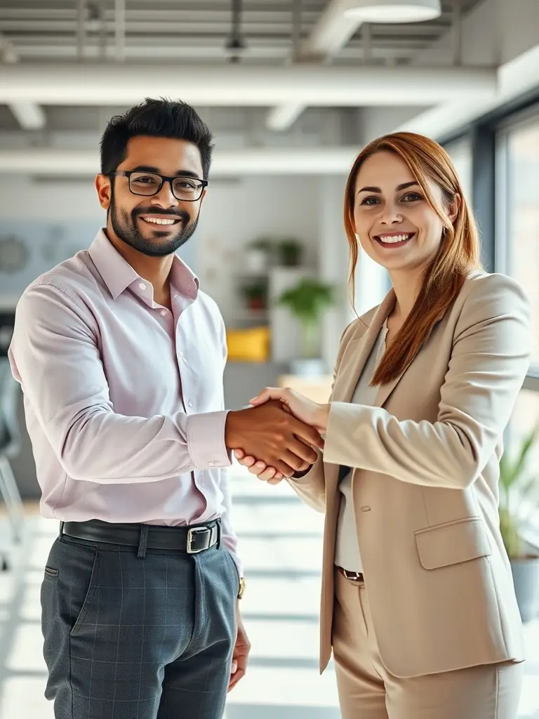 A professional image depicting a handshake between a debt recovery specialist and a client, symbolizing successful debt resolution and partnership.