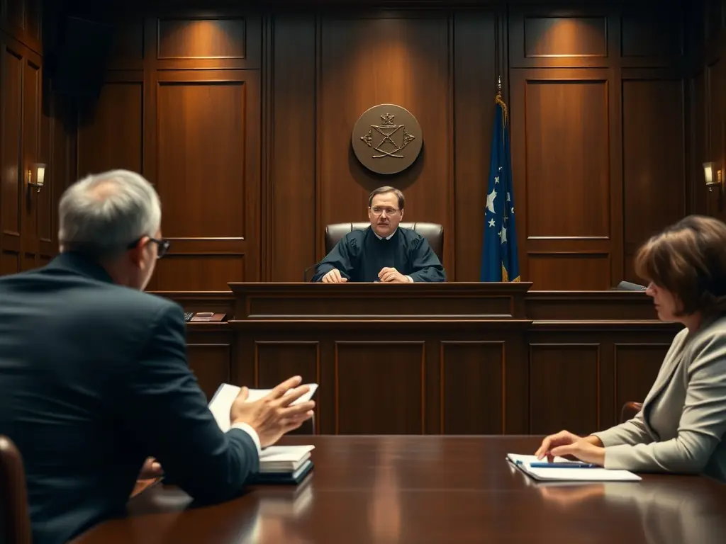 A courtroom scene with lawyers discussing a debt recovery case, highlighting the legal aspects and professional environment.